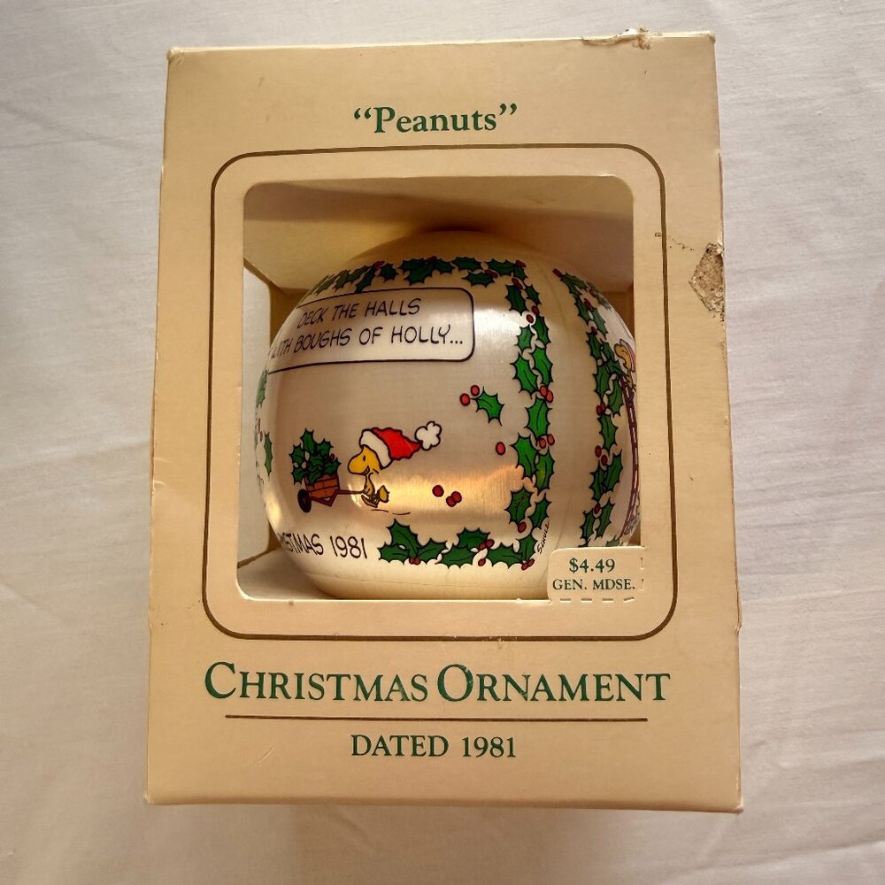 Vintage 1981 Ambassador Ornament "Peanuts" Satin Unbreakable Snoopy Woodstock